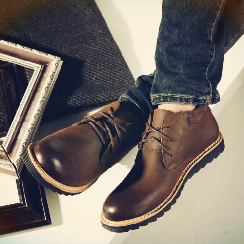 Boots - chaussures en cuir ronde pour hiver - loisir - semelle caoutchouc - Ref 950805