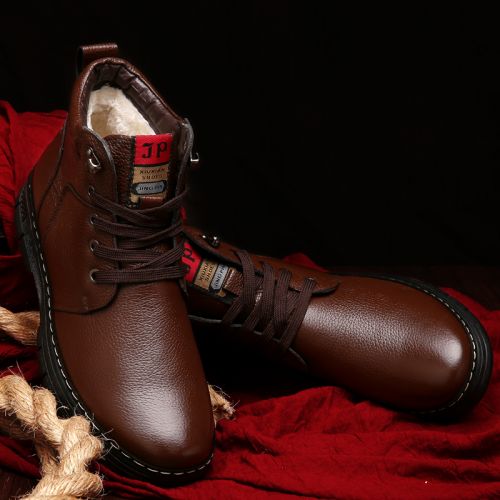 Boots - chaussures en Première couche de cuir, En plus de de vache, ronde pour hiver - loisir - semelle caoutchouc - Ref