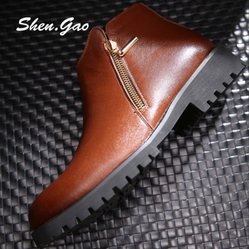 Boots - chaussures en plancher de cuir, En plus de de vache, SHEN.GAO ronde pour hiver - loisir - semelle caoutchouc - R