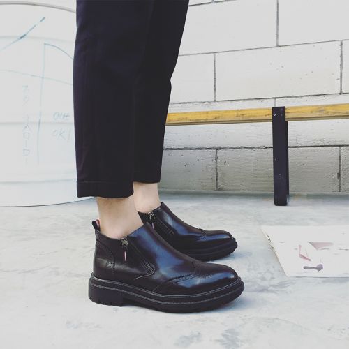 Boots - chaussures en plancher de cuir, En plus de de vache, pointu pour hiver - Angleterre - semelle caoutchouc - Ref 9