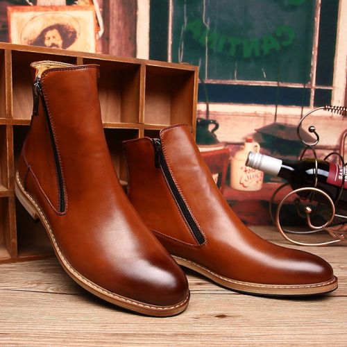 Boots - chaussures en plancher de cuir, En plus de de vache, ronde pour hiver - Angleterre - semelle caoutchouc - Ref 95