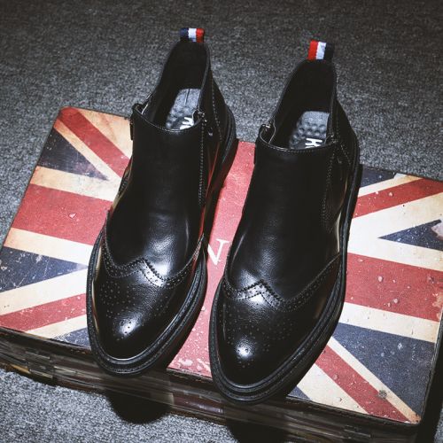 Boots - chaussures en plancher de cuir, En plus de de vache, pointu pour hiver - Angleterre - semelle caoutchouc - Ref 9