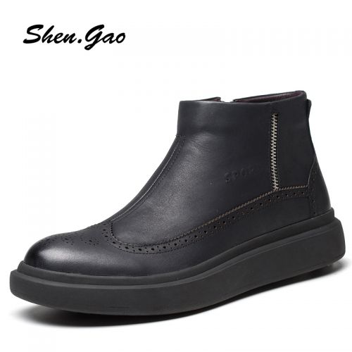 Boots - chaussures en Première couche de cuir, En plus de de vache, SHEN.GAO ronde pour hiver - loisir - semelle caoutch
