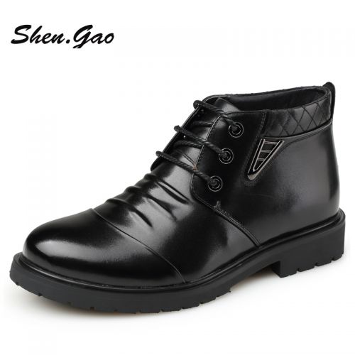 Boots - chaussures en Première couche de cuir, En plus de de vache, SHEN.GAO ronde pour hiver - loisir - semelle caoutch