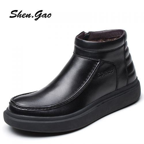 Boots - chaussures en Première couche de cuir, En plus de de vache, SHEN.GAO ronde pour hiver - loisir - semelle caoutch