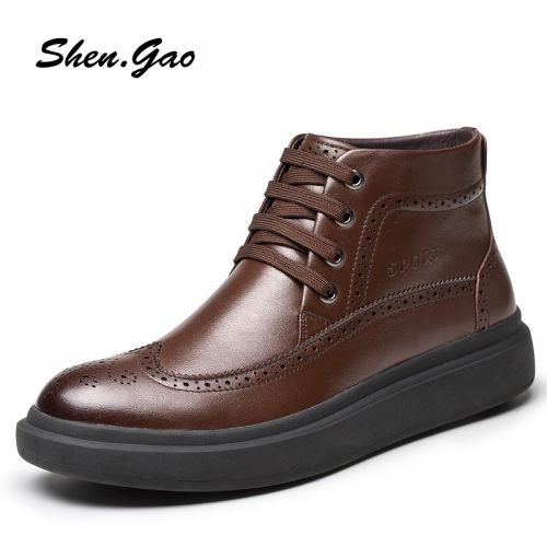 Boots - chaussures en Première couche de cuir, En plus de de vache, SHEN.GAO ronde pour hiver - loisir - semelle caoutch
