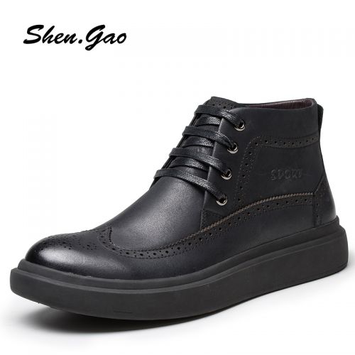 Boots - chaussures en Première couche de cuir, En plus de de vache, SHEN.GAO ronde pour hiver - loisir - semelle caoutch