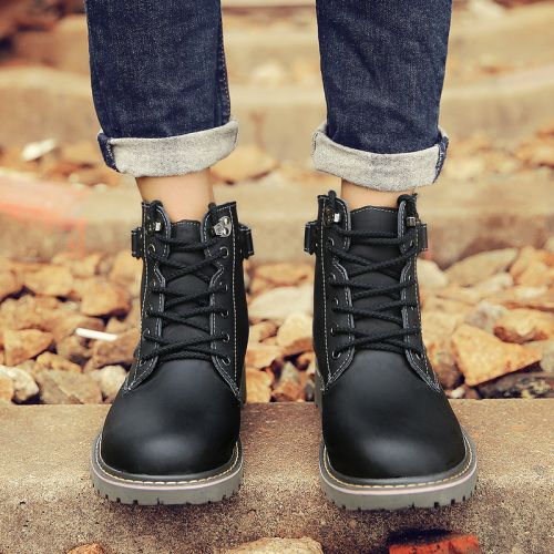 Boots - chaussures en plancher de cuir, En plus de de vache, ronde pour hiver - semelle caoutchouc - Ref 957371