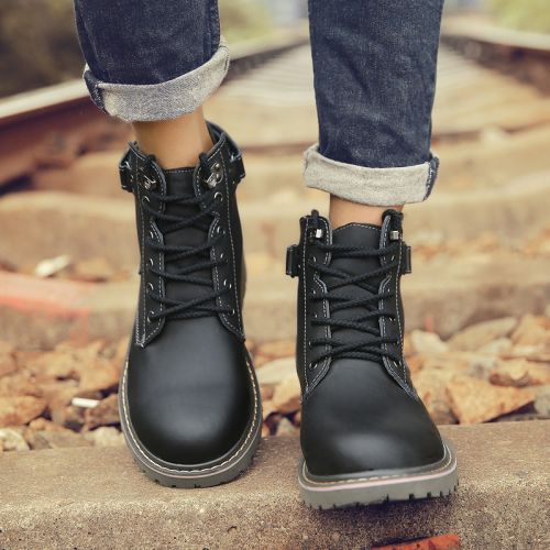 Boots - chaussures en plancher de cuir, En plus de de vache, ronde pour printemps - semelle caoutchouc - Ref 957444