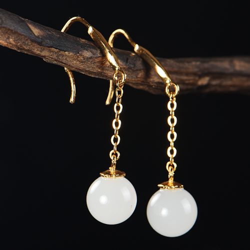 Boucles d'oreilles pendantes en Hetian jade - Ref 3100376