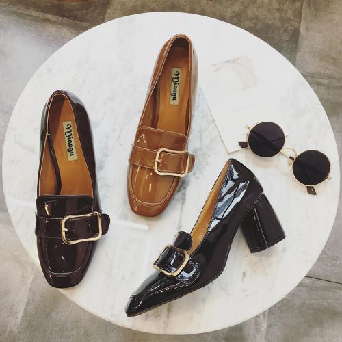 Chaussures de printemps femme en PU tête carrée ouverture profonde, boucle ceinture - semelle caoutchouc Re