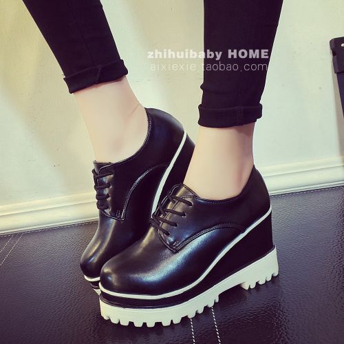 Chaussures de printemps femme en PU ronde ouverture profonde, avec lacets, Wedges, Génoise, étanche - Ref 1001020