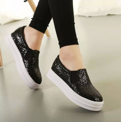 Chaussures de printemps femme en tissu Sequin ronde ouverture profonde, paillette - semelle caoutchouc Ref 1001183