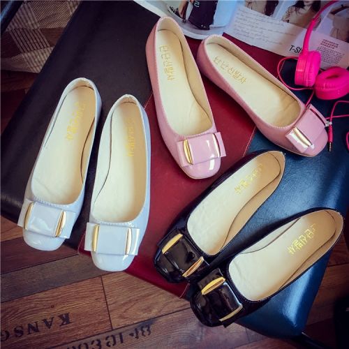 Chaussures de printemps femme en PU SONLARFU tête carrée ouverture profonde, moraillon, arc, décoration métallique - semelle