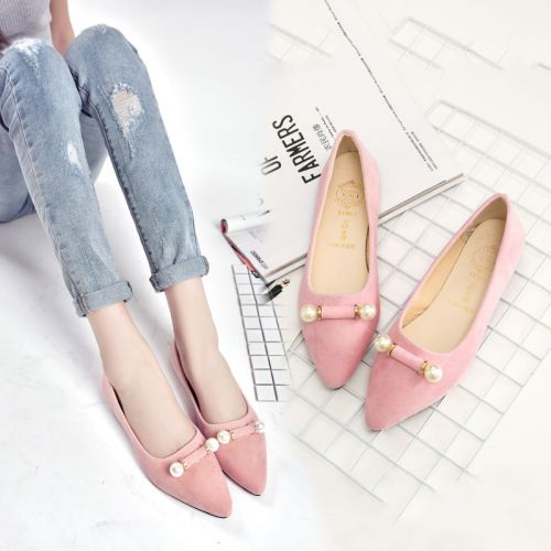 Chaussures de printemps femme en vache, Nubuck, pointu ouverture profonde, perlé - semelle caoutchouc Ref 10025