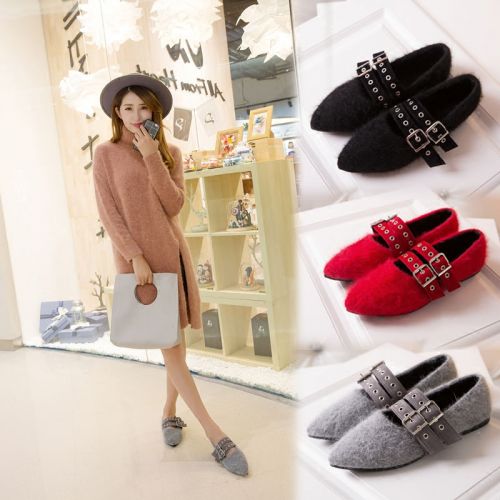 Chaussures de printemps femme en vache, Nubuck, pointu ouverture profonde, boucle ceinture - semelle caoutchou