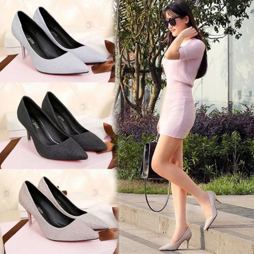 Chaussures de printemps femme en PU pointu ouverture profonde, paillette - semelle caoutchouc Ref 1002619