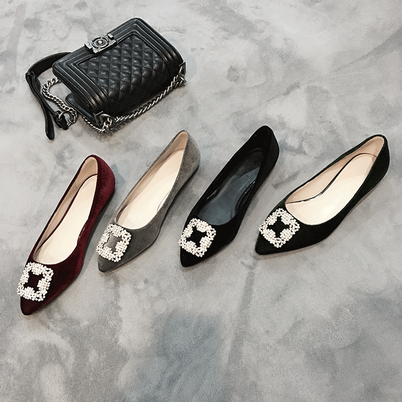 Chaussures de printemps femme en velours côtelé YIKASINI pointu ouverture profonde, avec perles, décoration mét