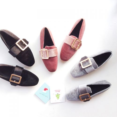 Chaussures de printemps femme en tissu tête carrée boucle ceinture - Europe semelle caoutchouc Ref 994295