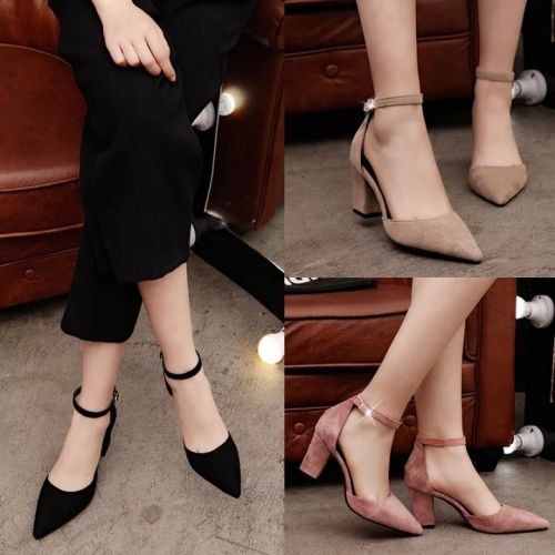 Chaussures de printemps femme en vache, Nubuck, pointu ouverture profonde, boucle ceinture - semell