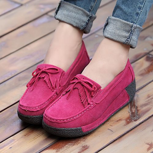 Chaussures de printemps femme en vache, Nubuck, ronde creux, arc, houppe, Wedges, Génoise, étanche, engrener, Avec un