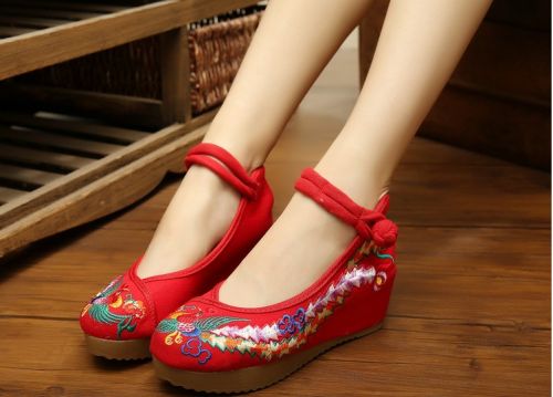 Chaussures de printemps femme en toile ronde moraillon, Fleurs, Modèles mélangées, Wedges, brodé - national Wind semelle TPR 