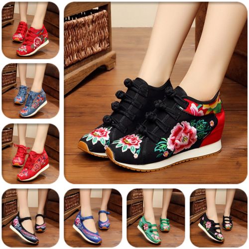 Chaussures de printemps femme en tissu ronde ouverture profonde, Fleurs, Wedges, brodé - national Wind semelle TPR tendon