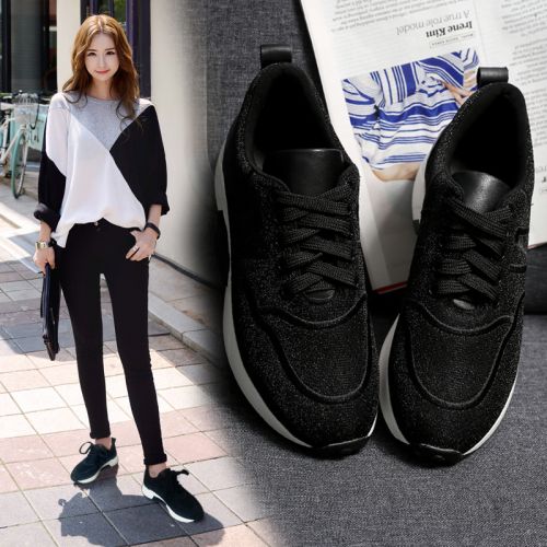 Chaussures de printemps femme en Une variété matériaux épissure ronde paillette, avec lacets - semelle mousse caoutch