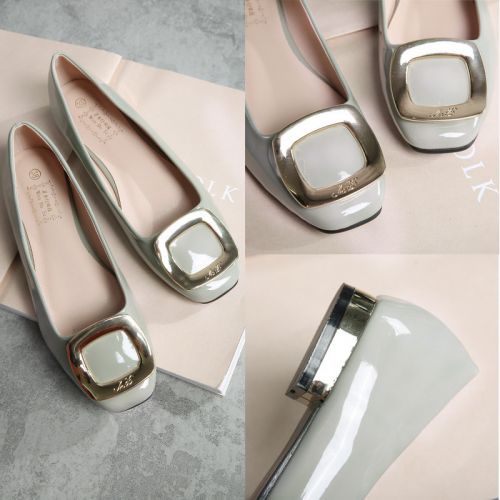 Chaussures de printemps femme en PU tête carrée ouverture profonde, moraillon, décoration métallique - semelle caoutchouc 