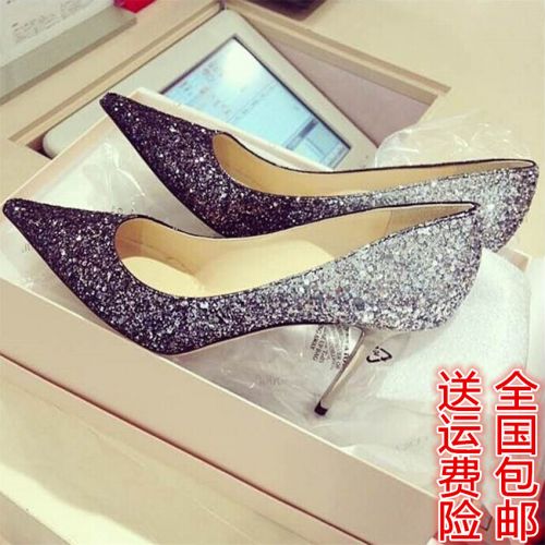 Chaussures de printemps femme en tissu Sequin pointu ouverture profonde, paillette - Europe semelle caoutchouc Ref 99553