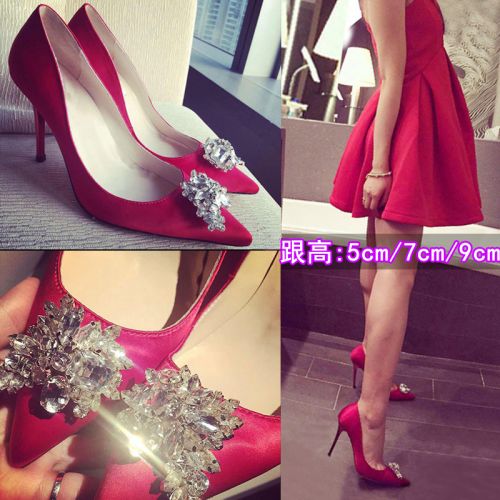 Chaussures de printemps femme en satin pointu ouverture profonde, avec perles, décoration métallique - sexy semelle caout