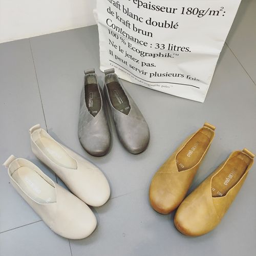 Chaussures de printemps femme en Première couche cuir ronde - semelle caoutchouc Ref 995952
