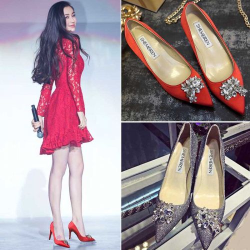 Chaussures de printemps femme en satin pointu ouverture profonde, moraillon, Fleurs, avec perles - Europe semelle caoutch