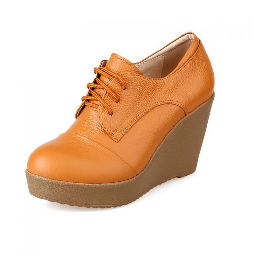 Chaussures de printemps femme en Première couche cuir ronde avec lacets, Wedges, étanche - loisir semelle fond composi