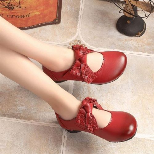 Chaussures de printemps femme en Première couche cuir ronde ouverture profonde, avec lacets, ruban, Fleurs, arc, Mod