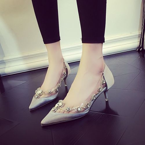 Chaussures de printemps femme en satin pointu avec perles - semelle caoutchouc Ref 996285