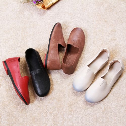Chaussures de printemps femme en Première couche cuir ronde - confortable semelle caoutchouc Ref 996589