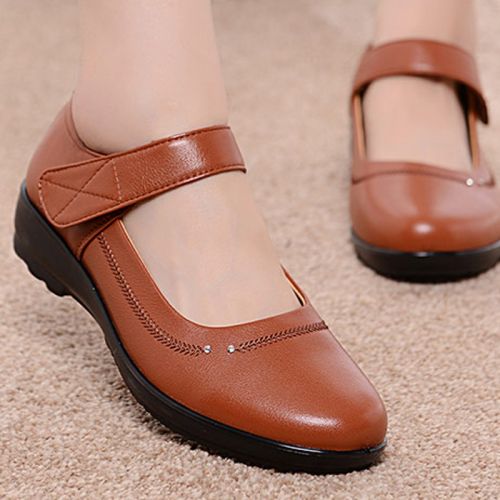 Chaussures de printemps femme en Première couche cuir ronde ouverture profonde, avec perles - loisir semelle polyuréth
