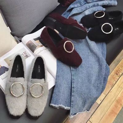 Chaussures de printemps femme en laine tête carrée - semelle caoutchouc Ref 996918