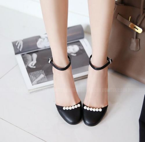 Chaussures de printemps femme en PU ronde ouverture profonde, perlé, boucle ceinture - Ref 997237