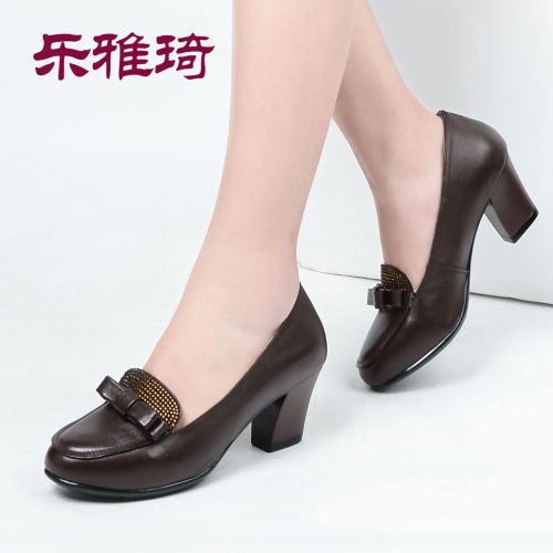 Chaussures de printemps femme en Première couche cuir ronde ouverture profonde, arc, avec perles, étanche - 