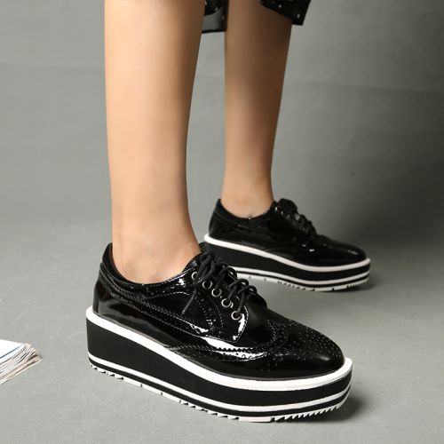 Chaussures de printemps femme en PU tête carrée avec lacets, Génoise, étanche - semelle caoutchouc Ref 997450