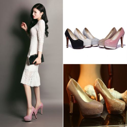 Chaussures de printemps femme en tissu Sequin ronde ouverture profonde, étanche - doux semelle caoutchouc Ref 997552