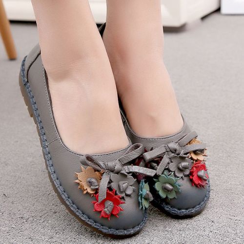 Chaussures de printemps femme en Première couche cuir ronde ouverture profonde, Fleurs - loisir semelle TPR