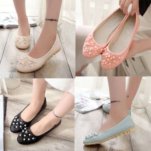 Chaussures de printemps femme en PU ronde ouverture profonde, Fleurs, perlé - semelle caoutchouc Ref 998547