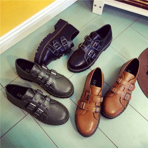 Chaussures de printemps femme en PU ronde moraillon, décoration métallique, boucle ceinture - Europe semelle caoutchouc R