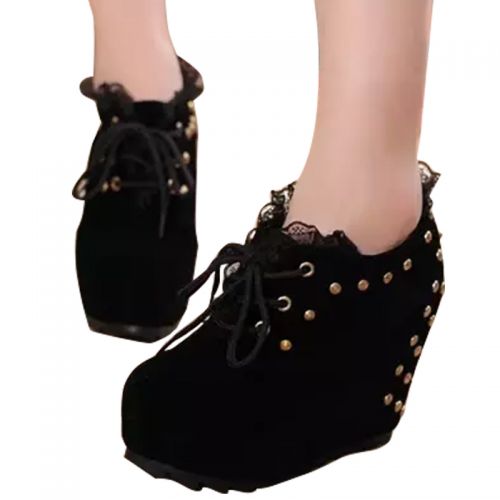 Chaussures de printemps femme en PU ronde étanche, avec lacets, décoration métallique, rivet, Wedges, ruban - semelle caout