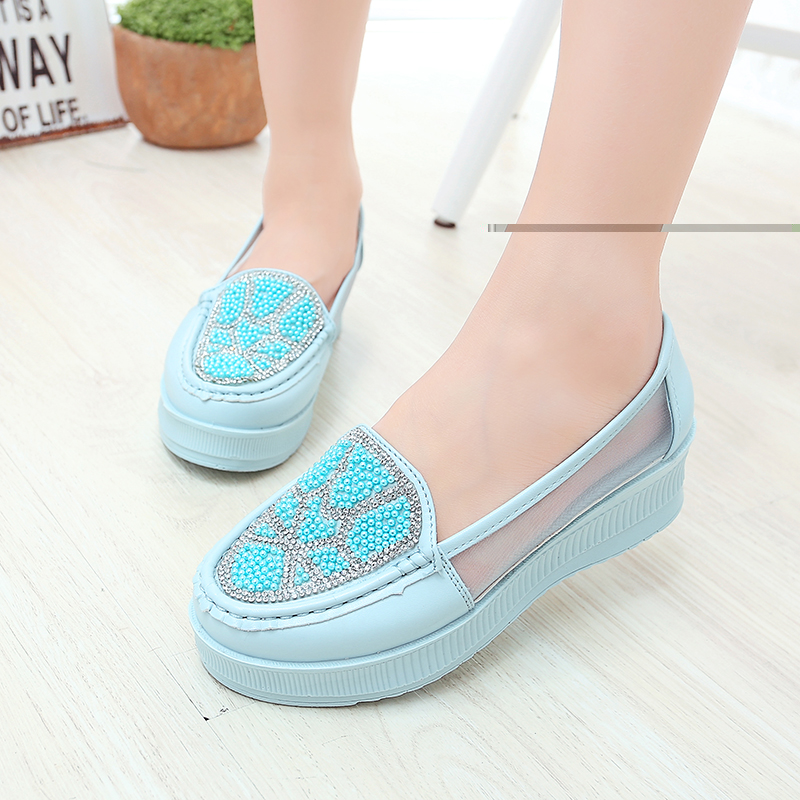 Chaussures de printemps femme en PU ronde ouverture profonde, avec perles, Génoise, étanche, engrener - doux semelle poly