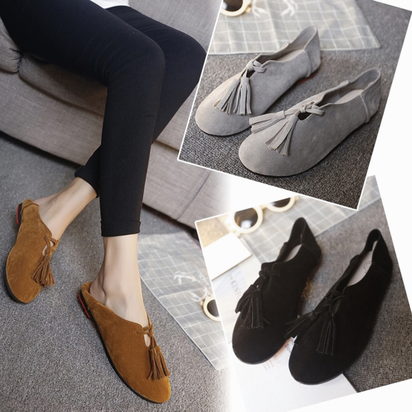 Chaussures de printemps femme en PU ronde ouverture profonde, houppe - semelle caoutchouc Ref 999088