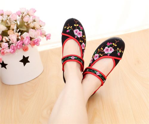 Chaussures de printemps femme en tissu ronde ouverture profonde, Fleurs, Modèles mélangées, brodé - national Wind semelle 
